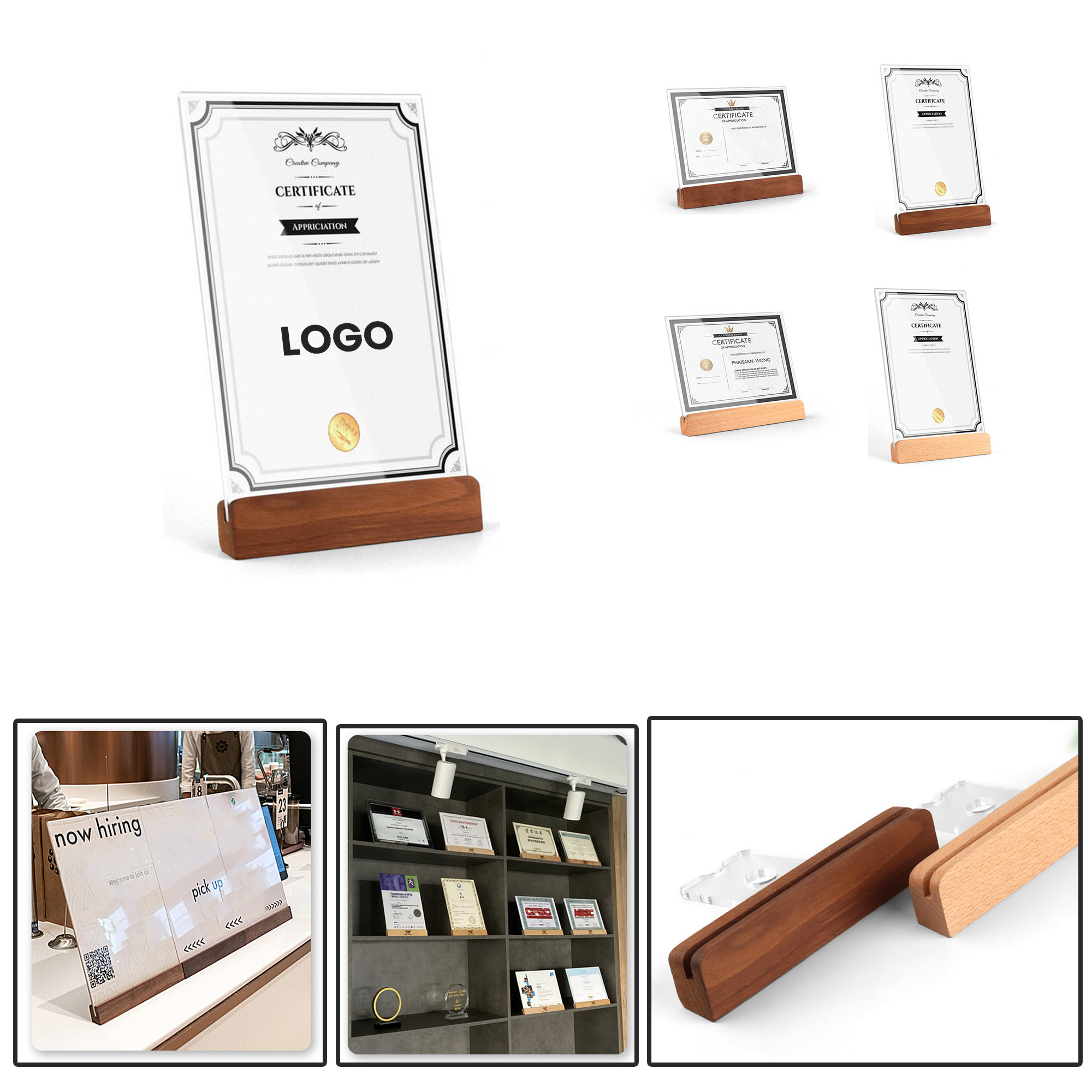 PU149 Solid Wood Acrylic Certificate & Photo Display Stand